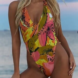 Free People Sharon Halter Tie One Piece Swimsuit, Tropical Fruit, Size Small